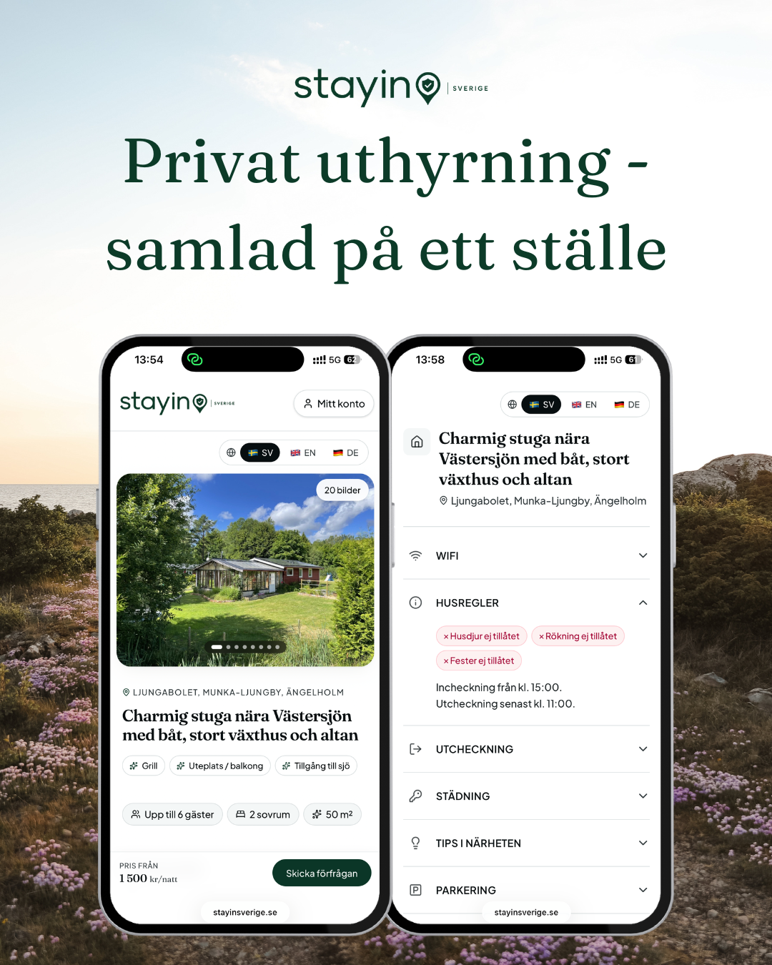 Stayin-appen i två iPhone-mockups — boendesida och gästinformation mot en bakgrund av svensk skärgård