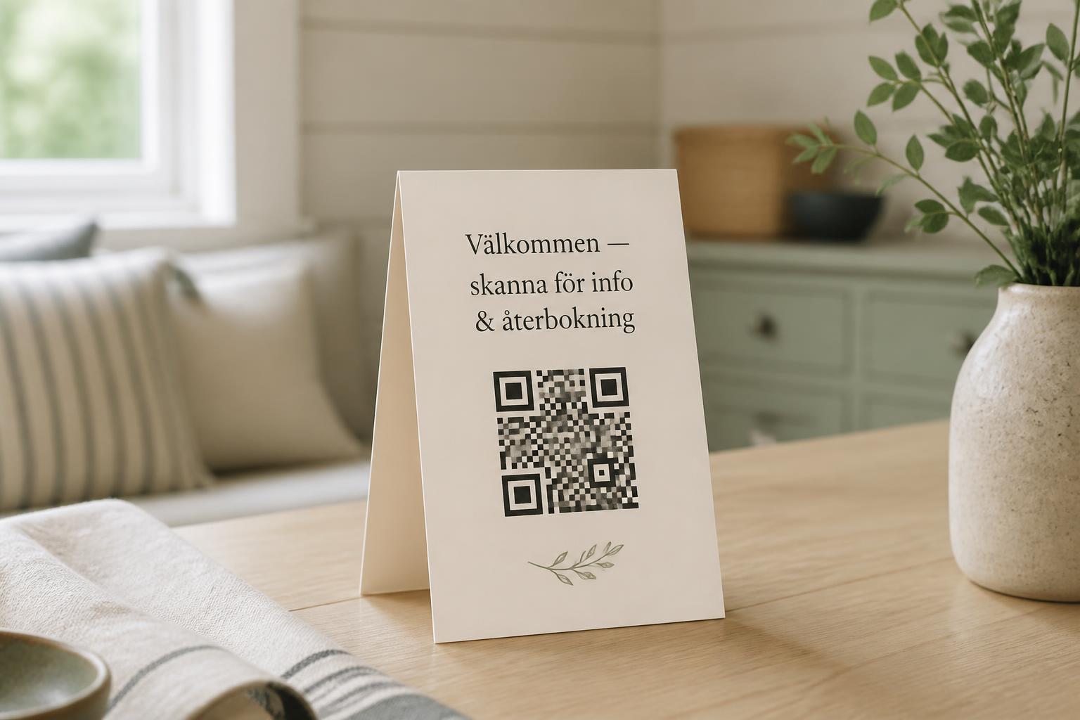 Utskriven QR-bordsskylt på köksbord i ett semesterboende — gäster skannar för information och återbokning
